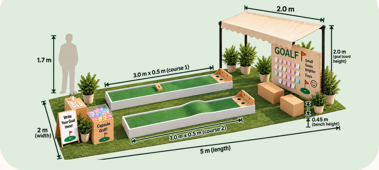Dimensioned axonometric of the installation inside a 5 by 2 metre bay.