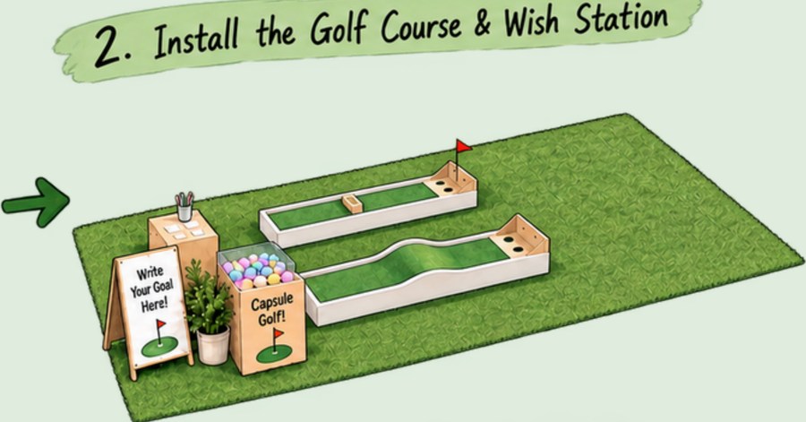 Diagram 2: both courses, the capsule stand and the wish desk in place.