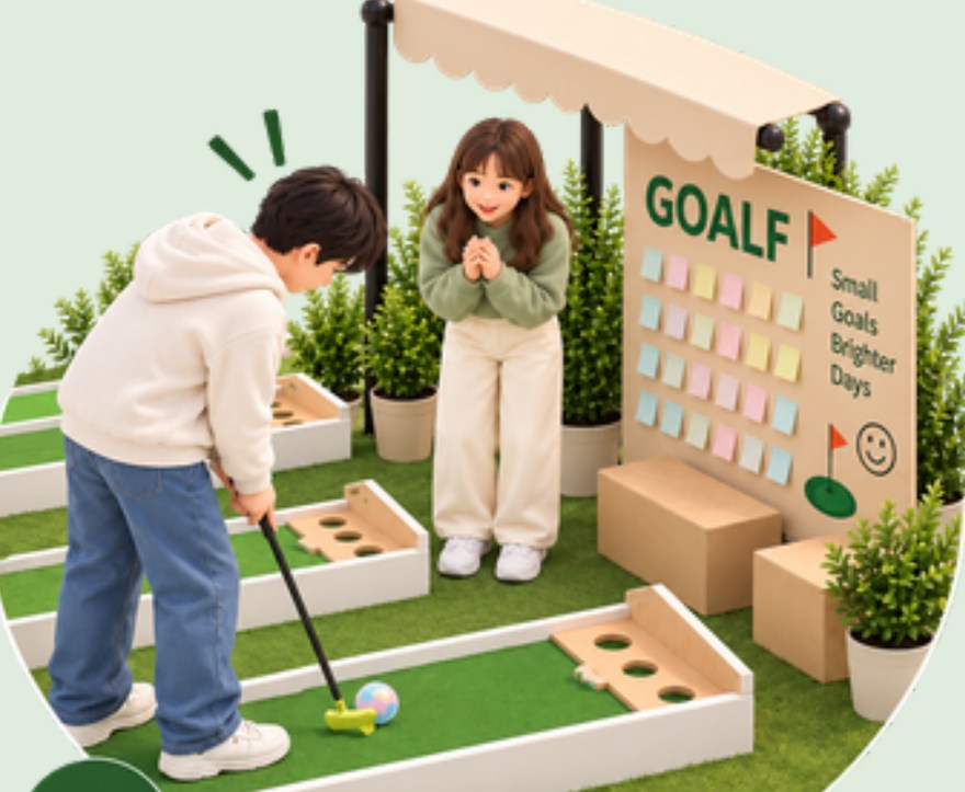 People playing the mini-golf course together.