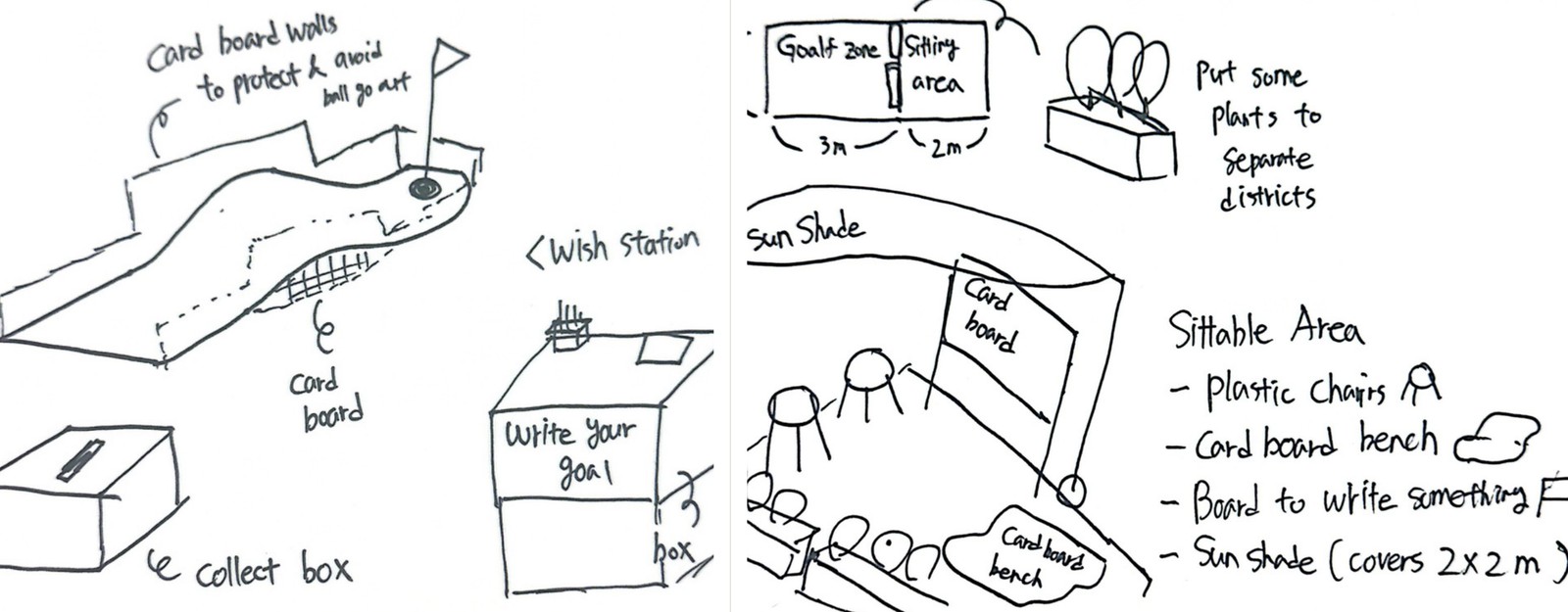 Two concept sketches side by side: the course with the wish station and collect box, and the seating area with the bench and sun shade.